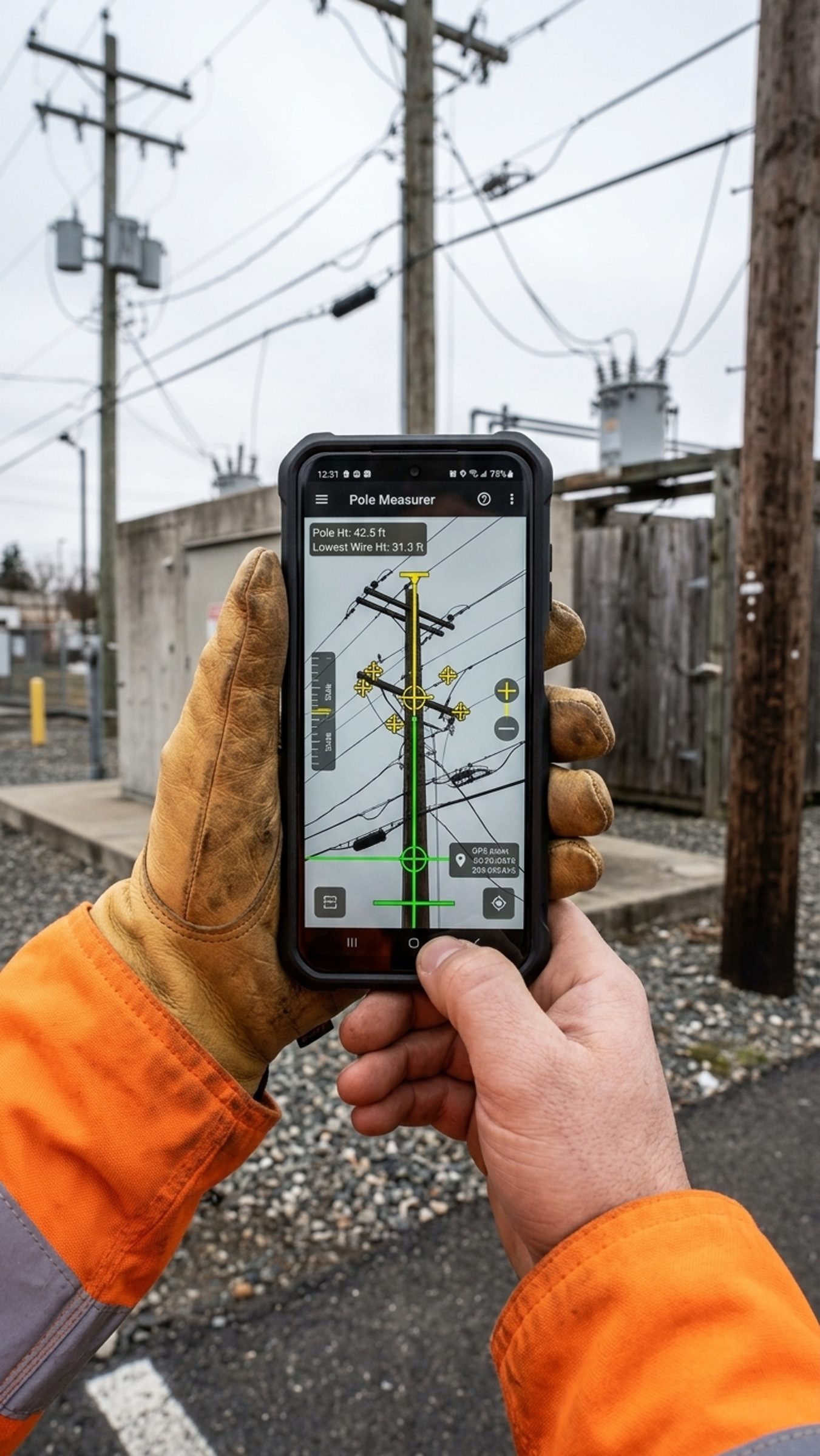 Field tech measuring a pole on a phone: pole height 42.5 ft, lowest wire 31.3 ft.